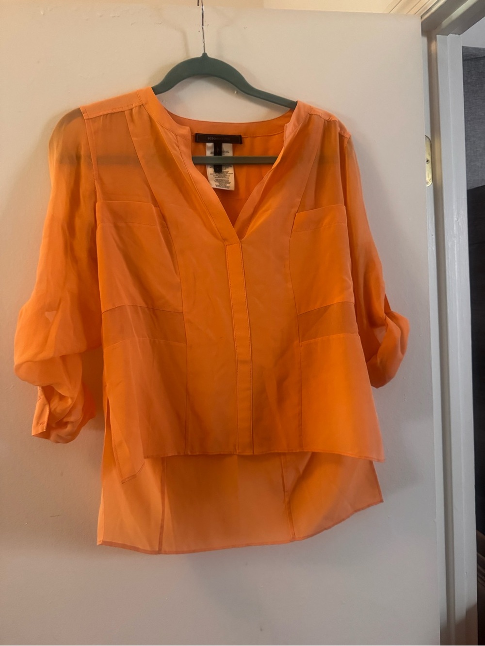 BCBGMaxAzria Orange V-Neck Hi-Low Blouse